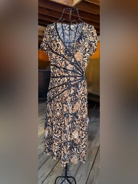 DressBarn Black Tan Baroque Scroll Print Faux Wrap Midi Dress Size 14